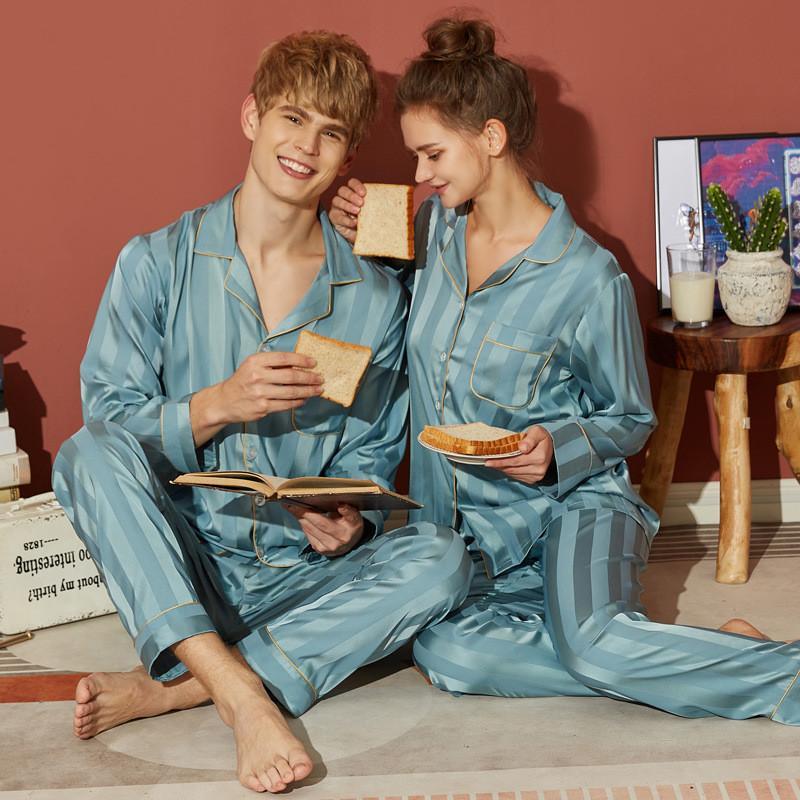 Striped Button Front Satin Matching Couples Pajamas Set