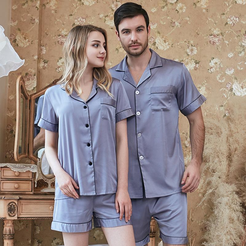 Elegant Couple Satin Short Pajamas Set with Trimming