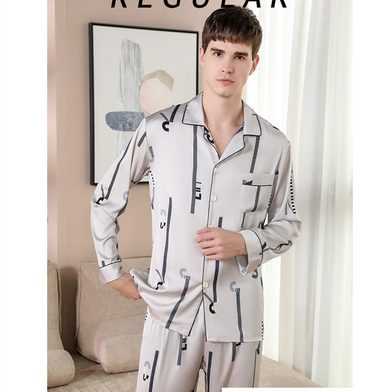 Luxurious Striped Satin Men's Lapel Pajamas 2Pcs