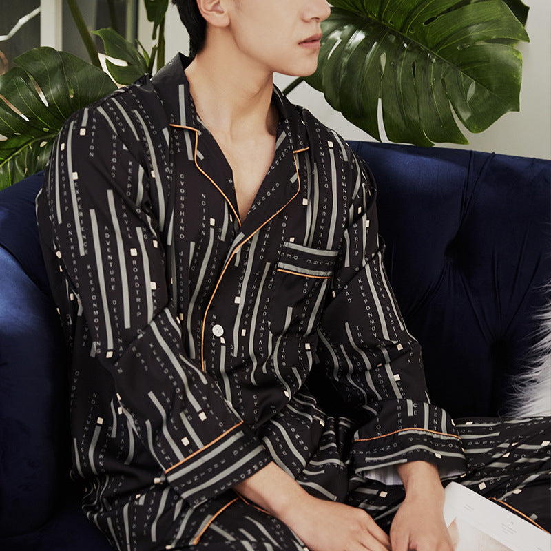 Men Striped Lapel Neck Satin Pajamas Set