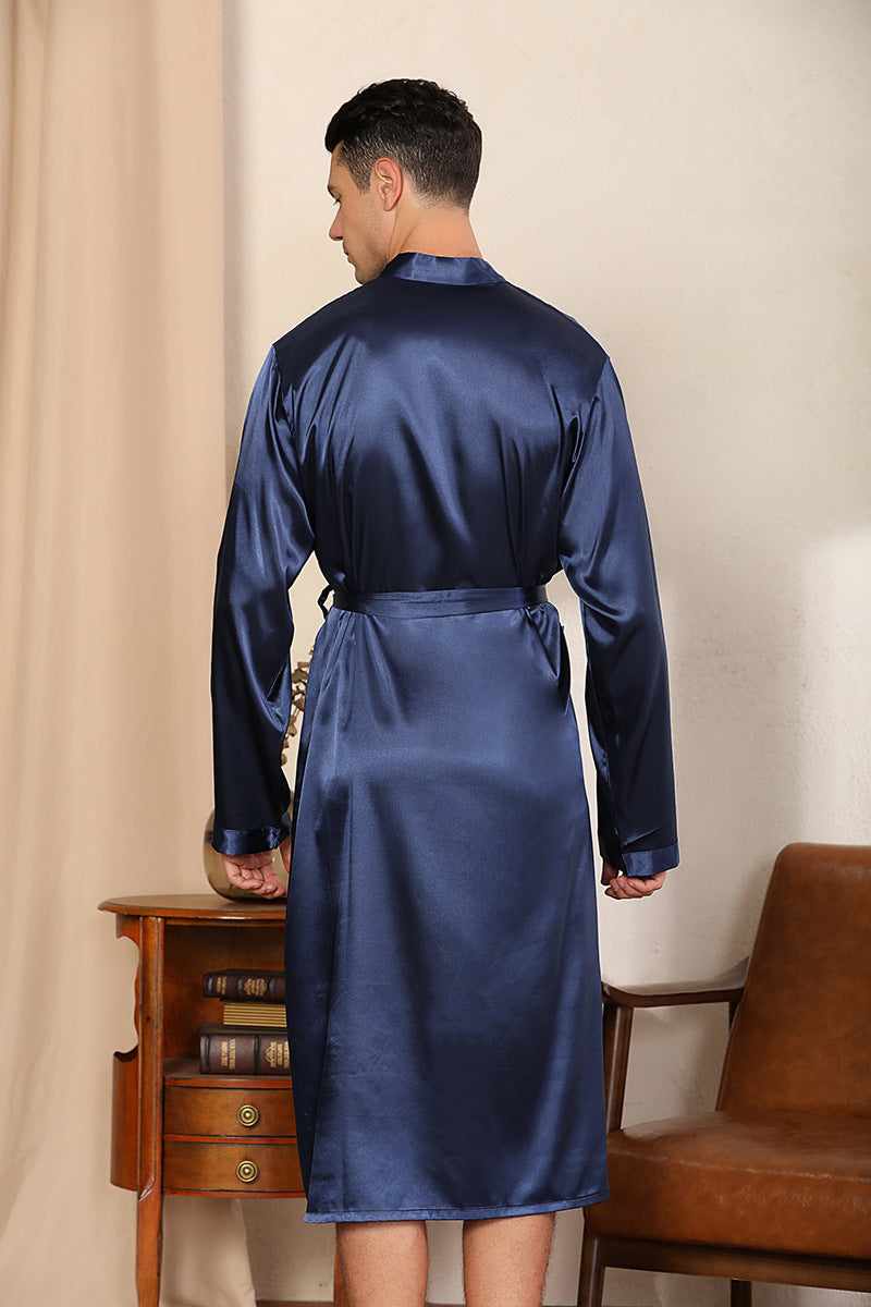 Men Satin Dual Pockets Belted Night Robe