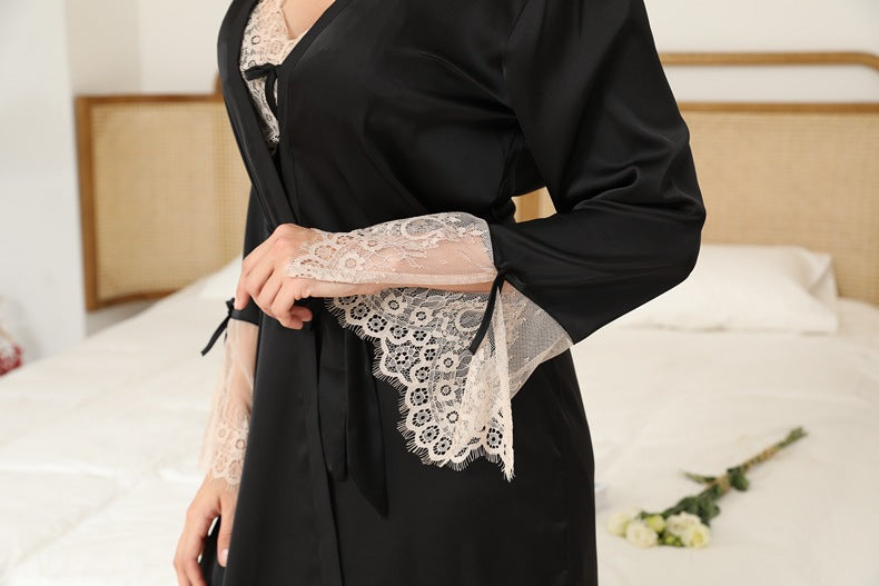 Black Satin Contrast Lace Belted Robe