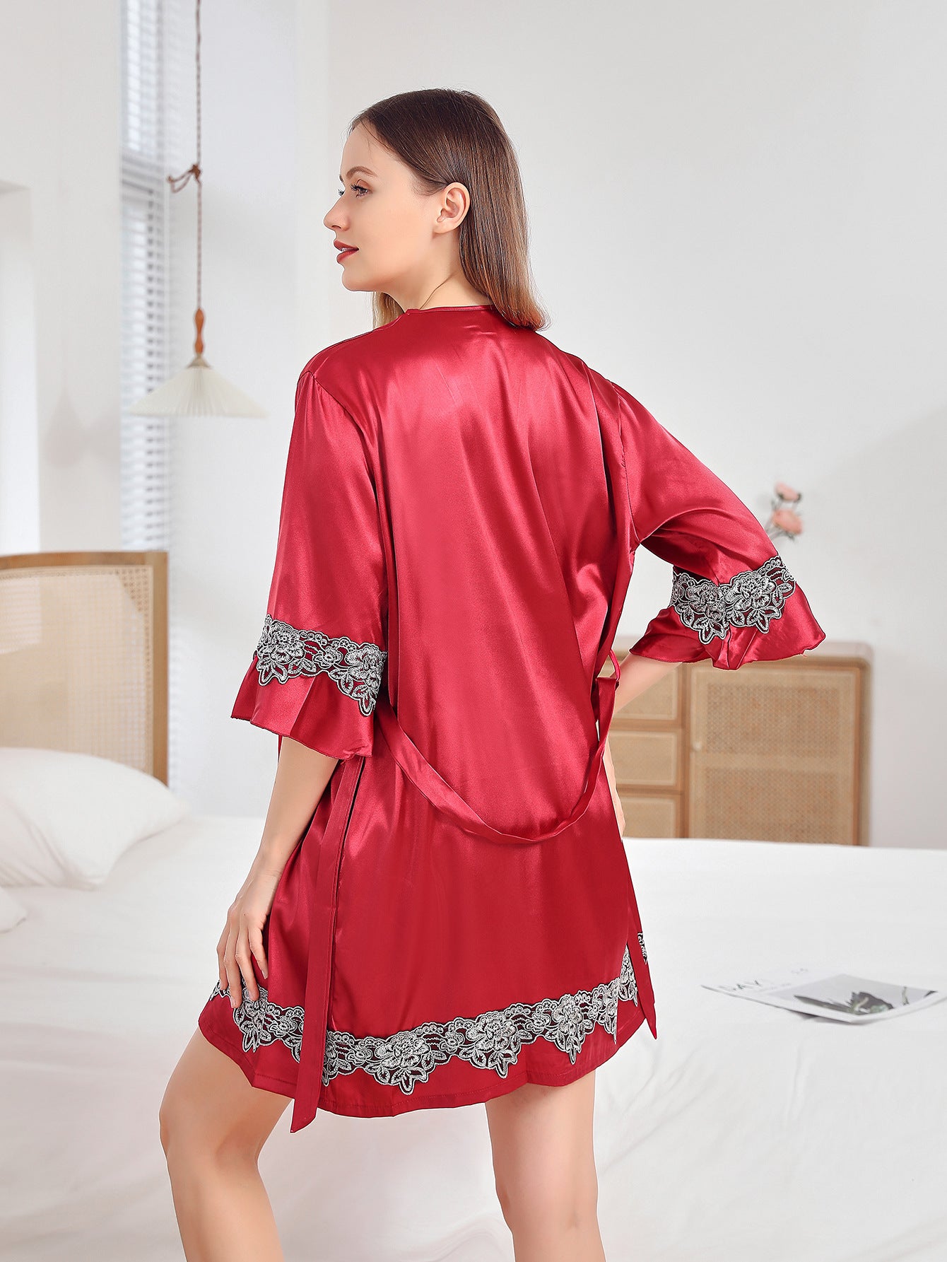 3pcs Lace Satin Cami Top & Shorts & Belted Robe