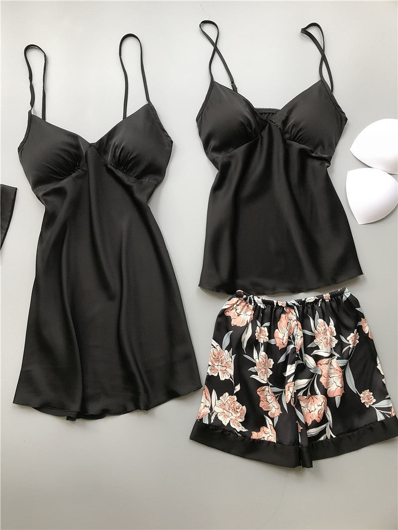 Women Floral Print Pajama Dress Shorts Four-Piece Set with Chest Pads