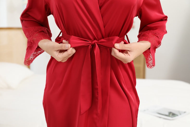 Satin Contrast Lace Belted Robe