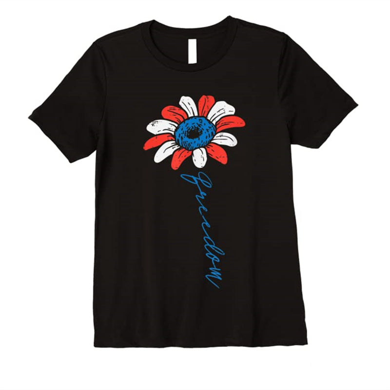 4th of July Women/Men American Flag Sunflower Glasses Letter Printed Short Sleeve Top Couple's T-shirt