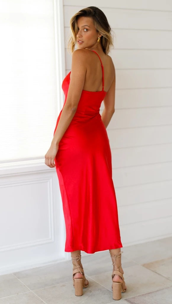 One Shoulder Satin Bridesmaid Dress-Red