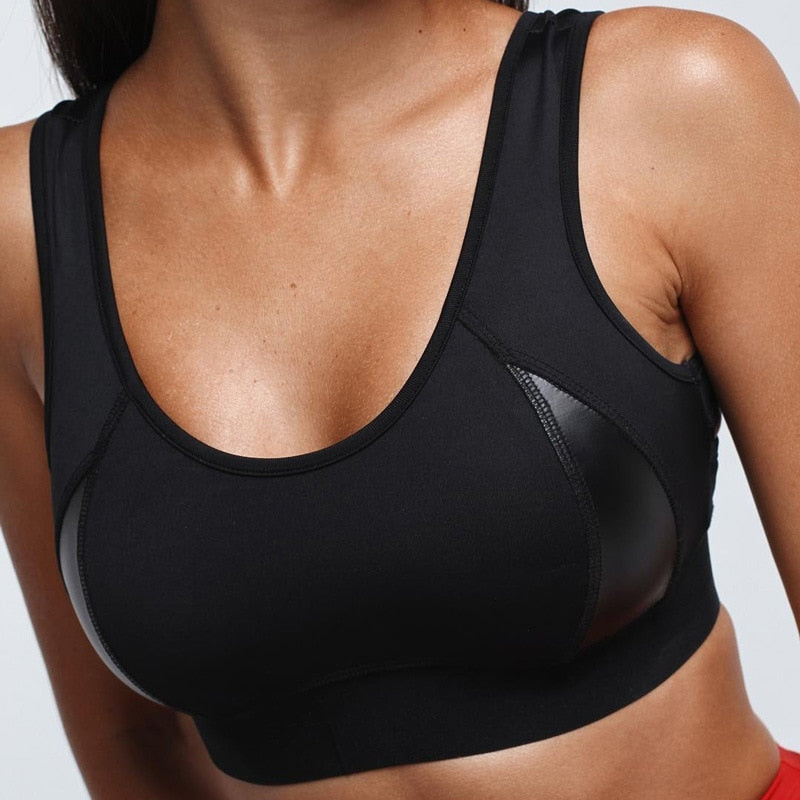Women Breathable Black Push Up Leather Splice Sports Bra Fitness Gym Yoga Top