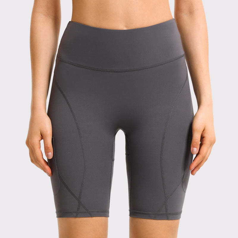2022 Women Solid Color Tight Yoga Shorts Running Sports Fitness Pants with Pockets