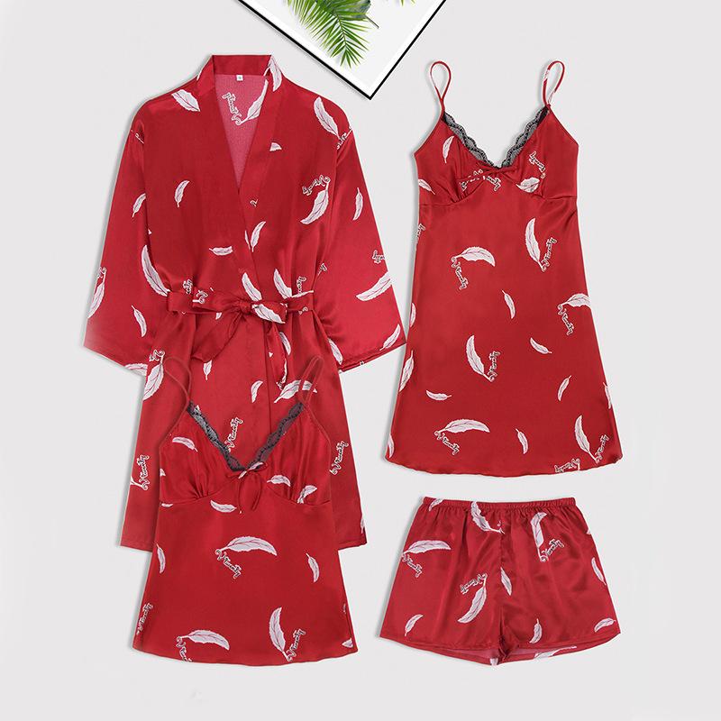 4pcs Floral Print Belted Satin Robe & Cami Top & Night Dress & Shorts