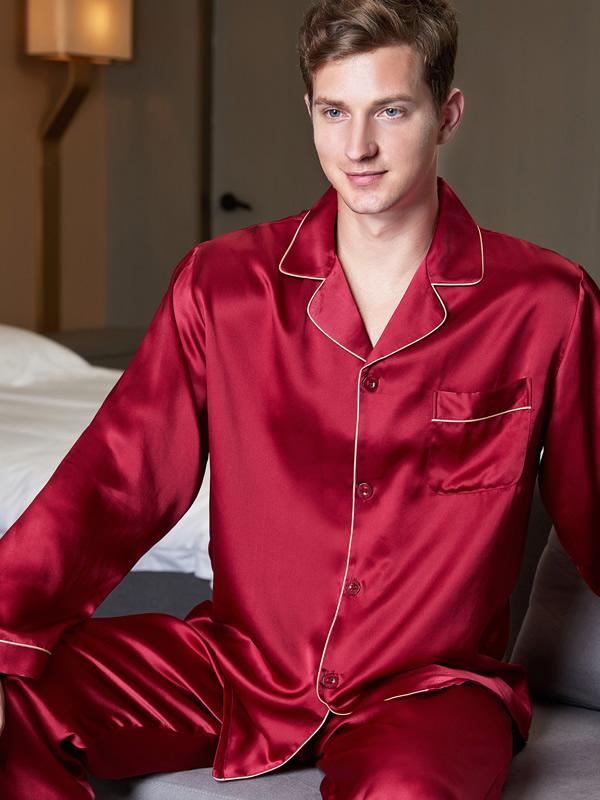 Luxurious 19Momme Burgundy Silk Men's Lapel Pajamas 2Pcs