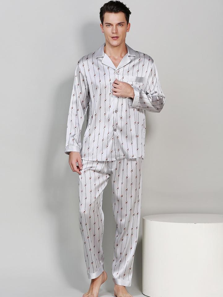 Pure Silk Grey Men's Stripe Printed Pajamas
