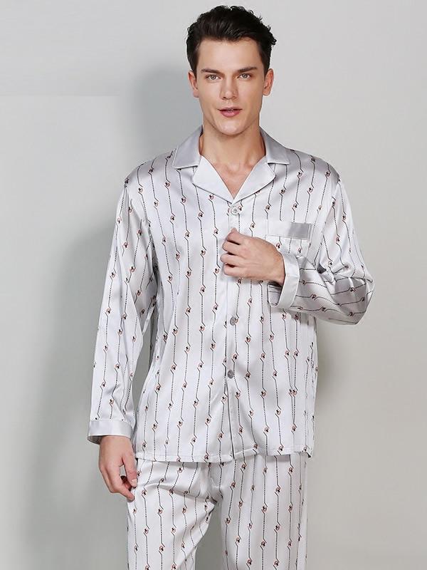 Pure Silk Grey Men's Stripe Printed Pajamas