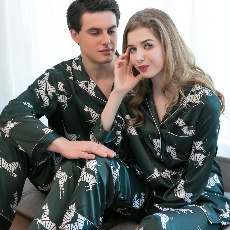 Turquoise Piped Satin Couple Pajama Set
