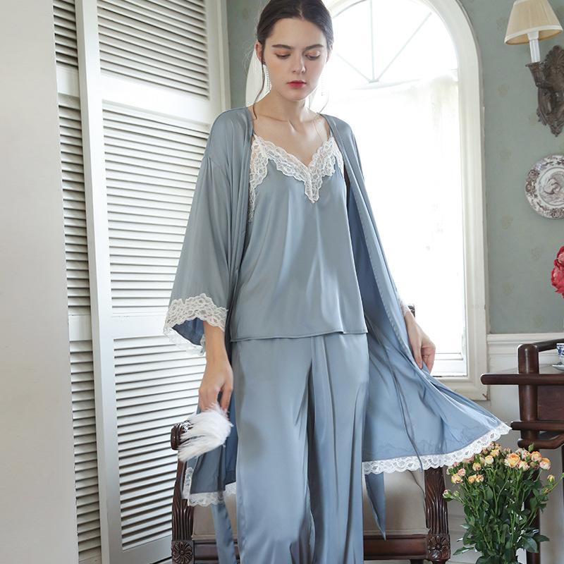 3pcs Light Blue Lace Trim Cami Top & Satin Pants & Robe Satin Sleepwear Robes