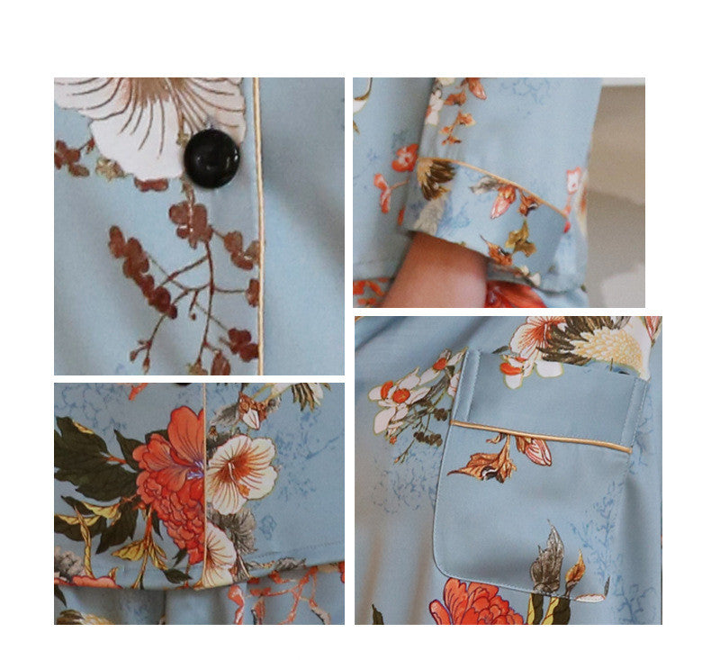 Floral Print Contrast Piping Satin Top & Pants PJ Set