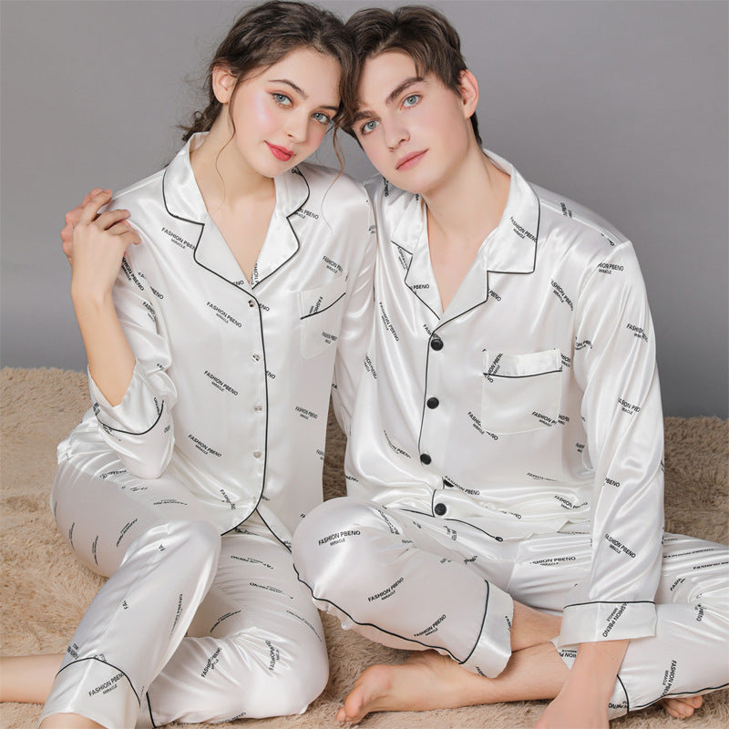 Classic Couple Letter Print Satin Men Pajama Set