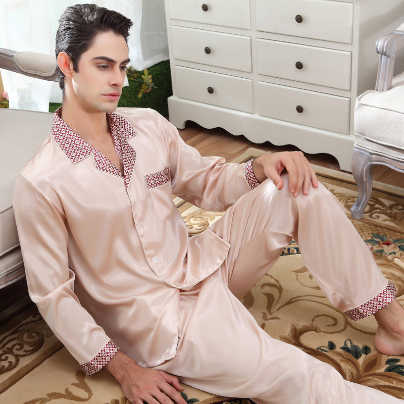 Luxurious Embroidered Collar Men's Satin Pajamas Set 2pcs
