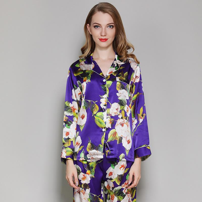 Floral Printed Pure Purple Silk Pajamas Set