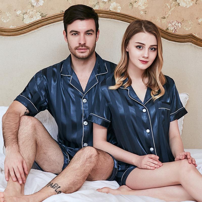 Striped Satin Couple Short Pajamas Set