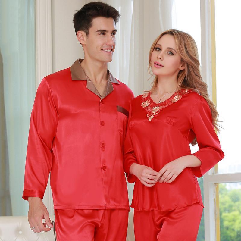 Contrast Lace Detail Couple Satin Pajamas Set