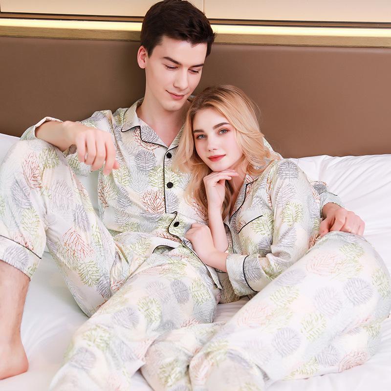 Classic Trimmed Graphic Print Luxe Couple Satin Pajamas Set