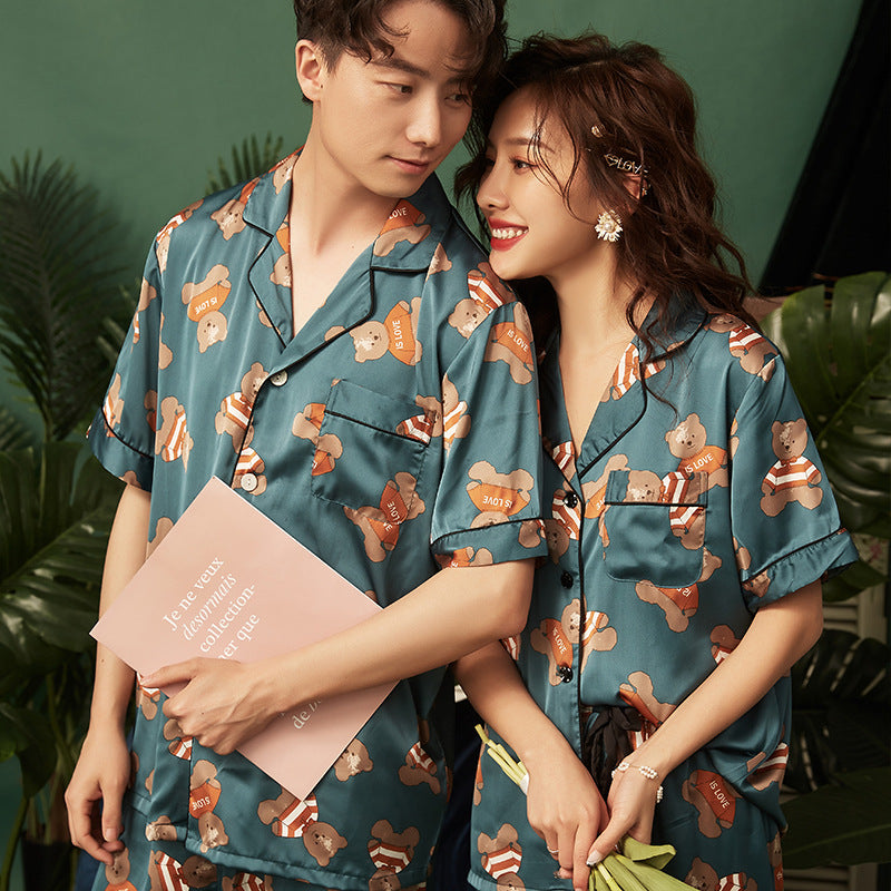 Bear Print Satin Couple Pajamas Set