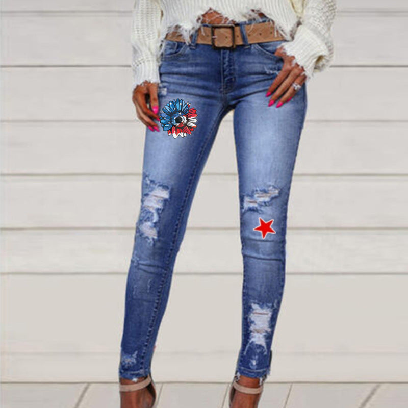 Women 4th of July Star Print Ripped Skinny Jeans