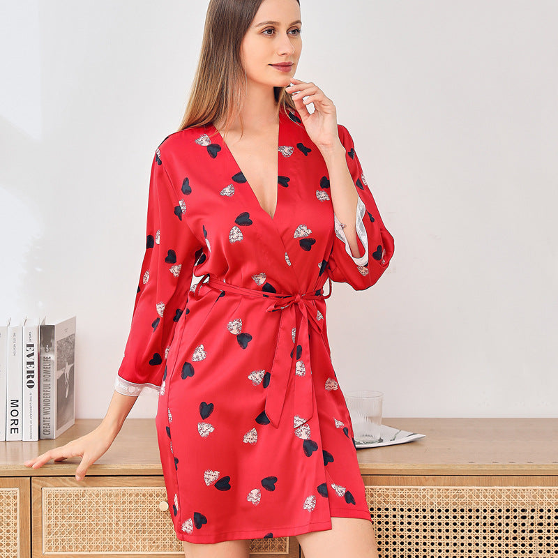 Heart Printed Satin Belted Robe