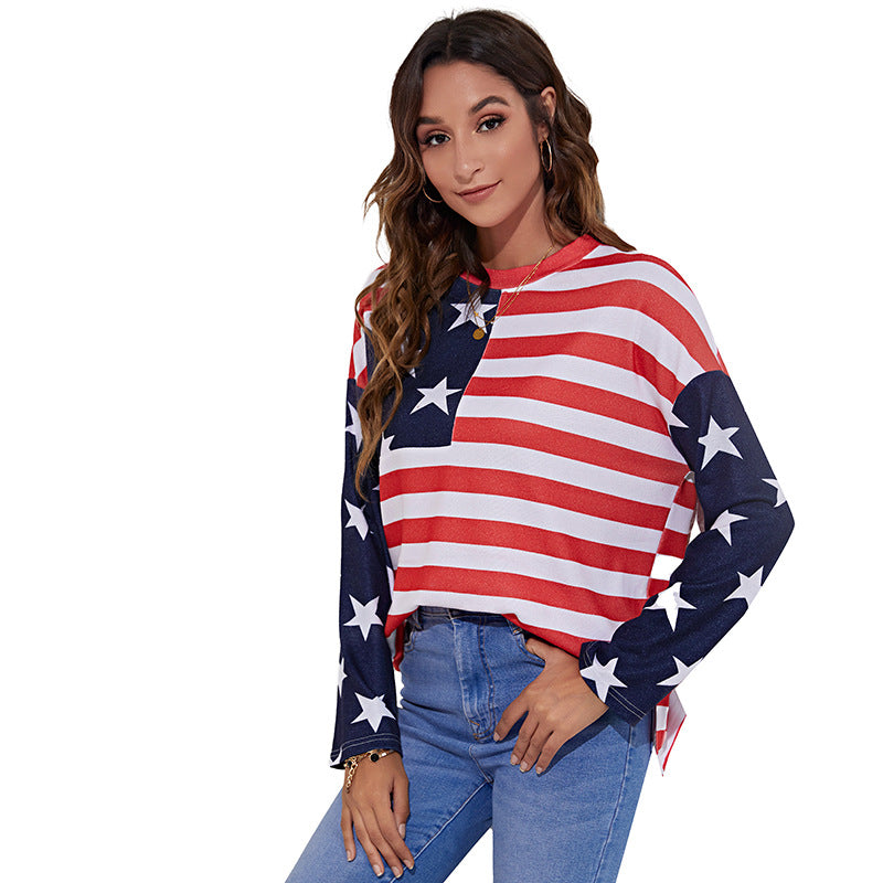 Women American Flag Print Long Sleeve Top