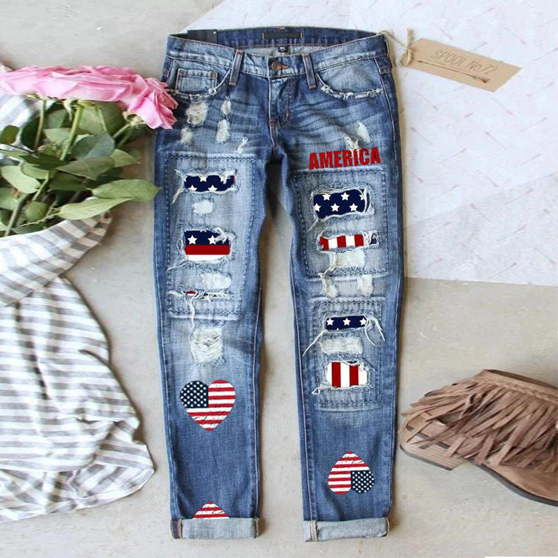 Women 4th of July High Waist Ripped Frayed Straight Leg Jeans