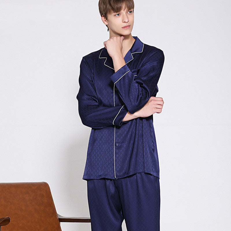 Christmas Piping Trim Men's Pure Long Sleeve Silk Pajamas