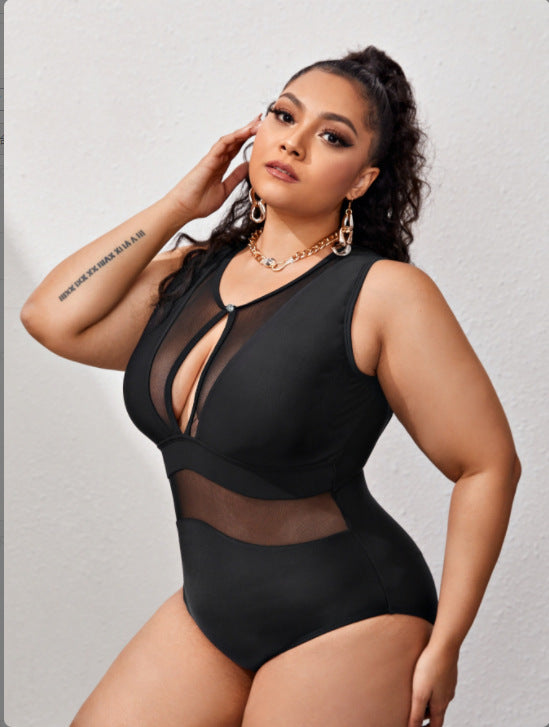 Plus Contrast Mesh High Waisted One Piece Swimsuit