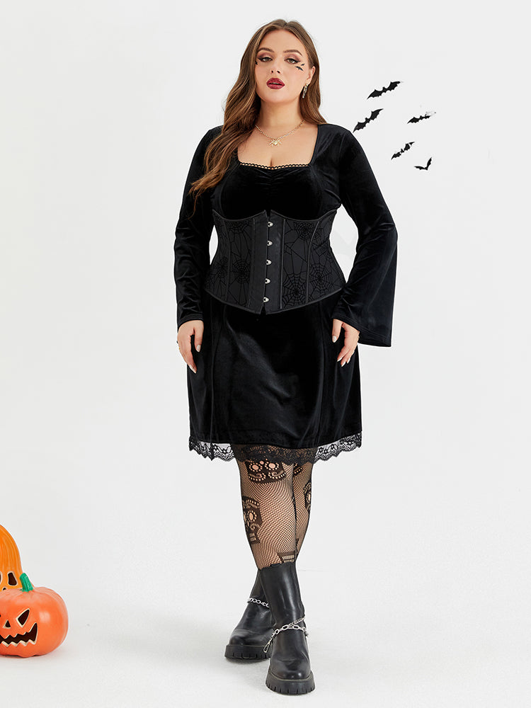 Halloween Flare Sleeve Velvet Dress Without Belt