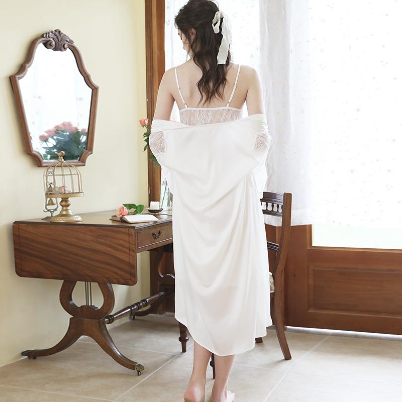 White Satin Pajama Set Satin Solid Cami Dress And Robe PJ Set