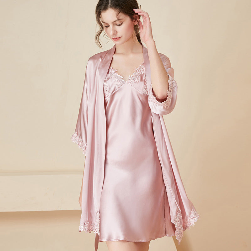 Pure Silk Lace Dress & Robe Set 2Pcs