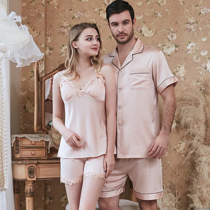 Lace Trim Satin Couple Short Pajamas Sets