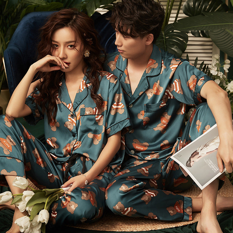 Bear Print Satin Couple Pajamas Set