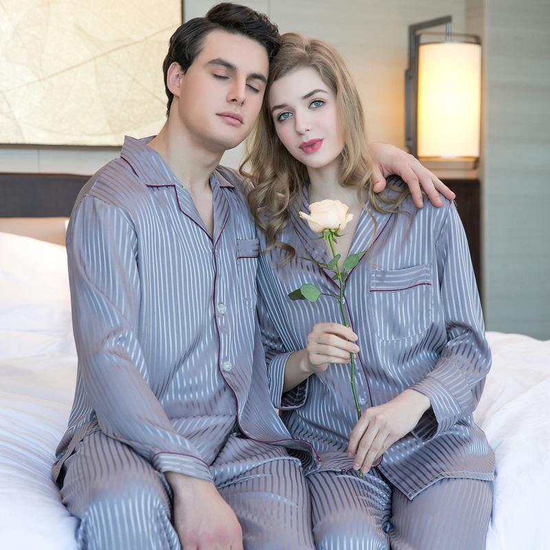 Grey Stripe Couple Satin Pajamas Set