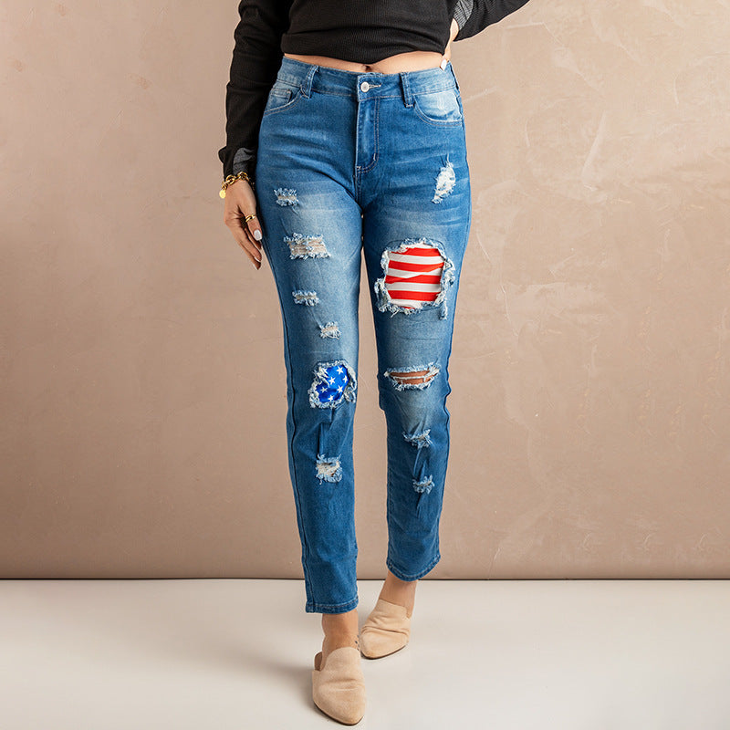 Women 4th of July Ripped Zipper Up Skinny Jeans