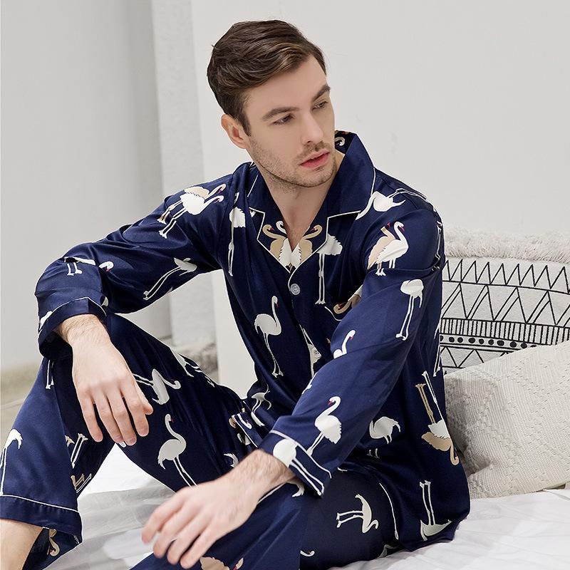Chic Trimmed Flamingo Print Satin Couple Pajamas Sets