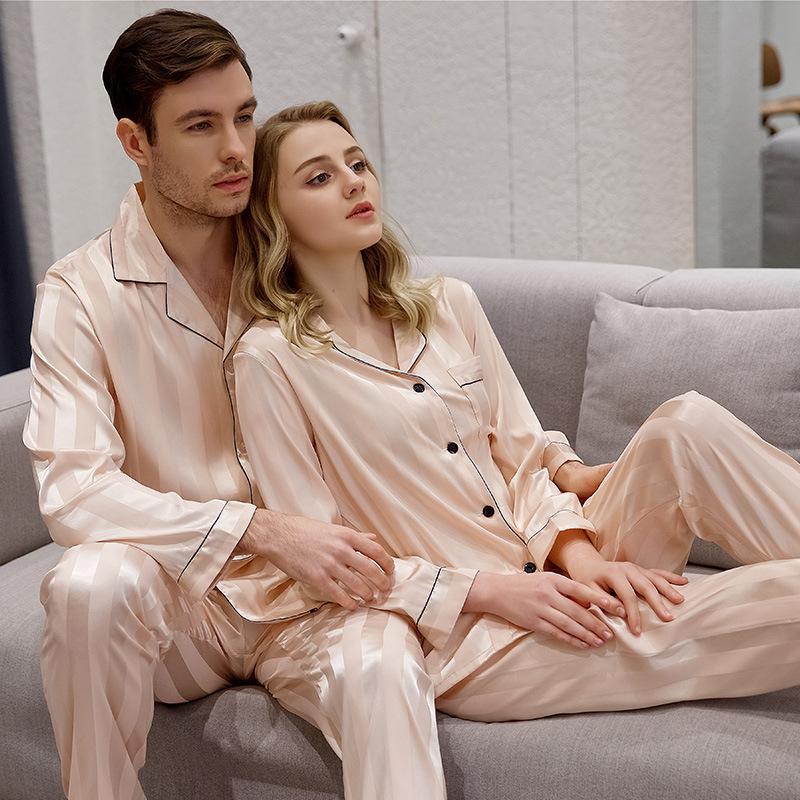 Contrast Binding Satin Silk Couple Pajamas Sets