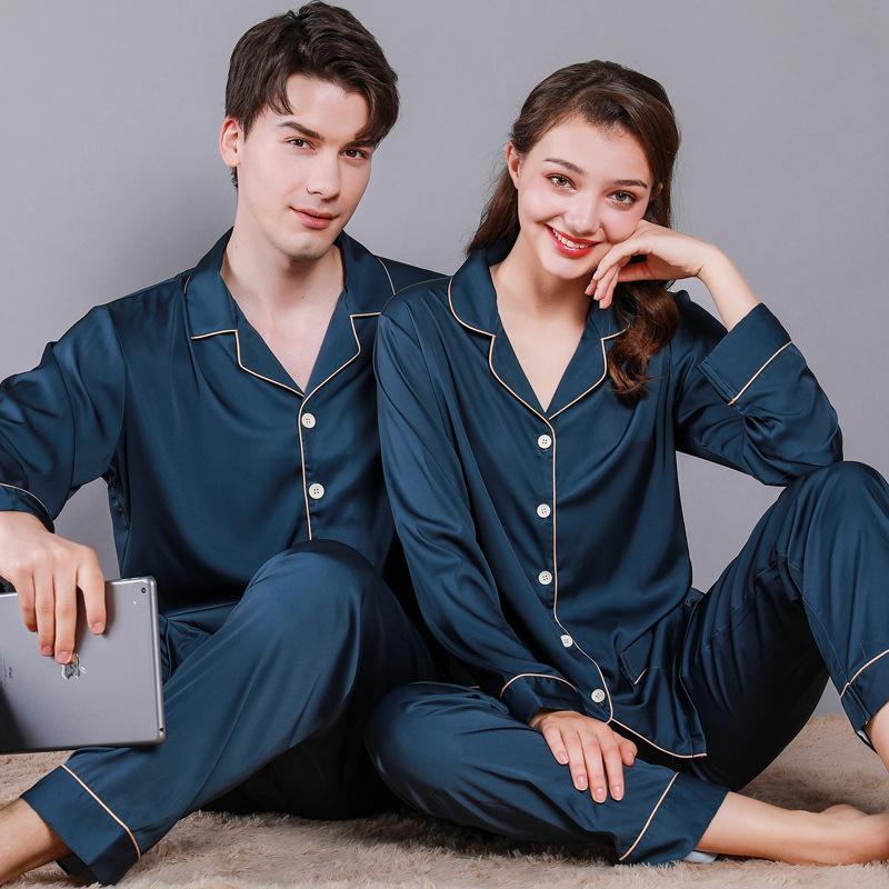 Solid Blue Mens Satin Pajamas Set
