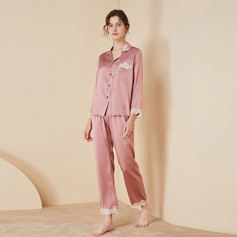 Pure Lace Trim Women Silk Pajamas Set
