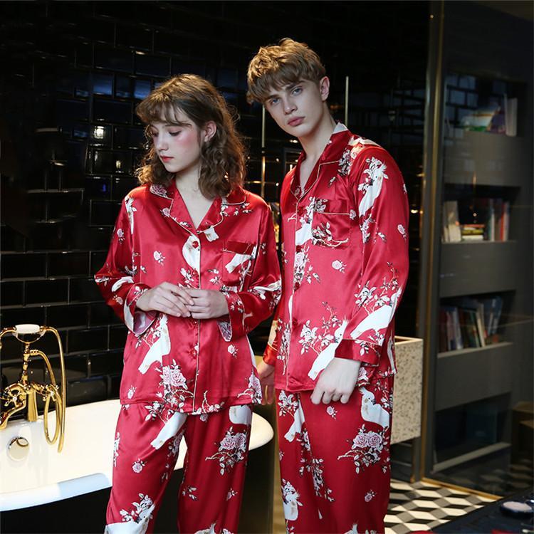 Silky Satin Floral Print Matching Couples Pajamas Set