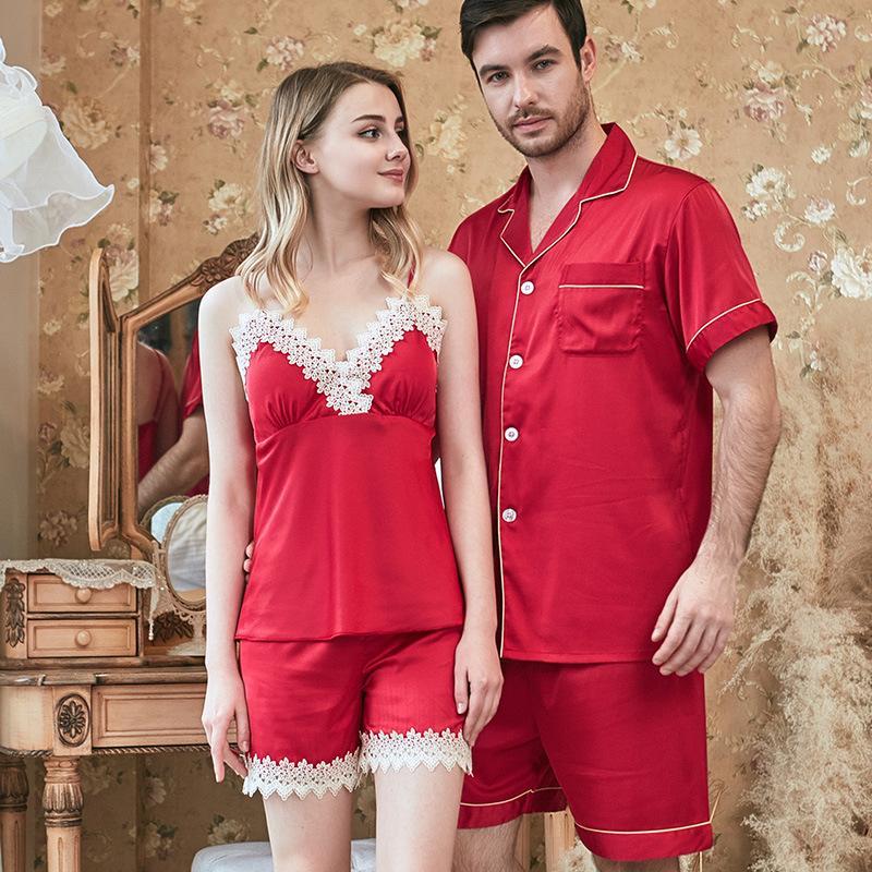 Guipure Lace Appliques Satin Couple Short Pajamas Sets