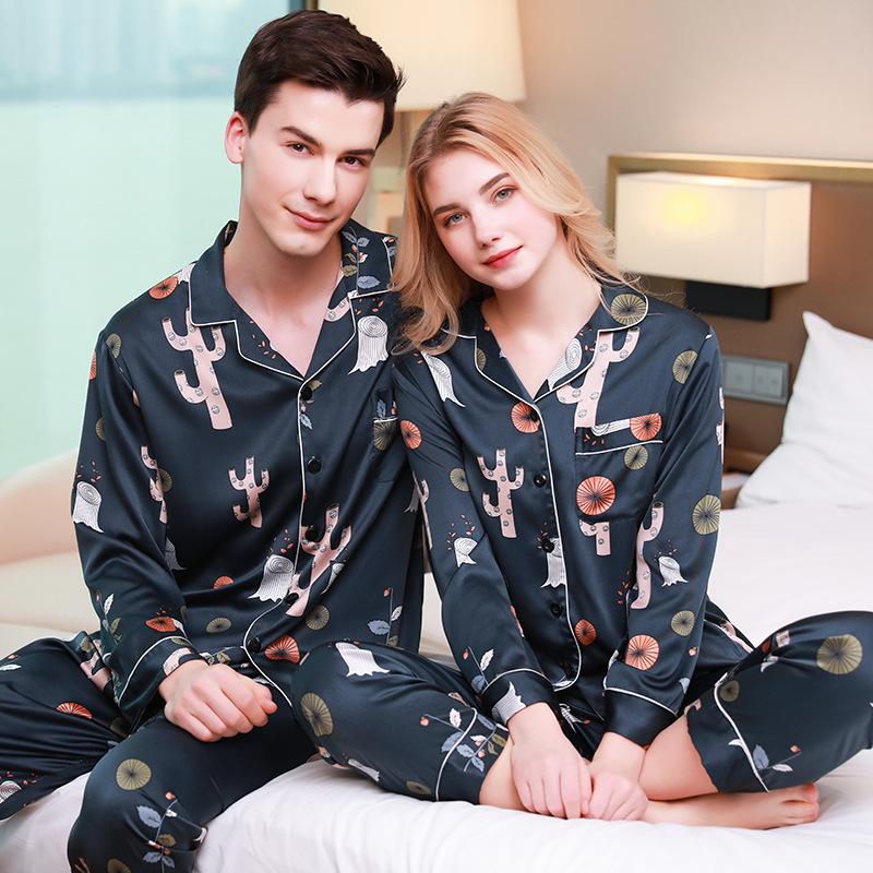 Graphic Print Luxe Couple Satin Pajamas Set