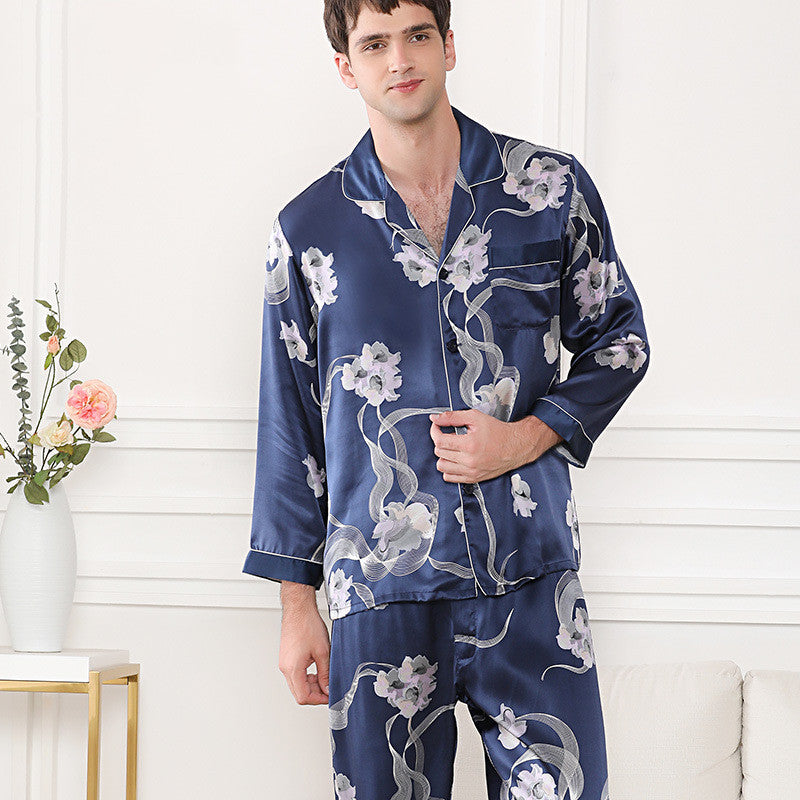 Silk Men's Floral Printed Lapel Pajamas
