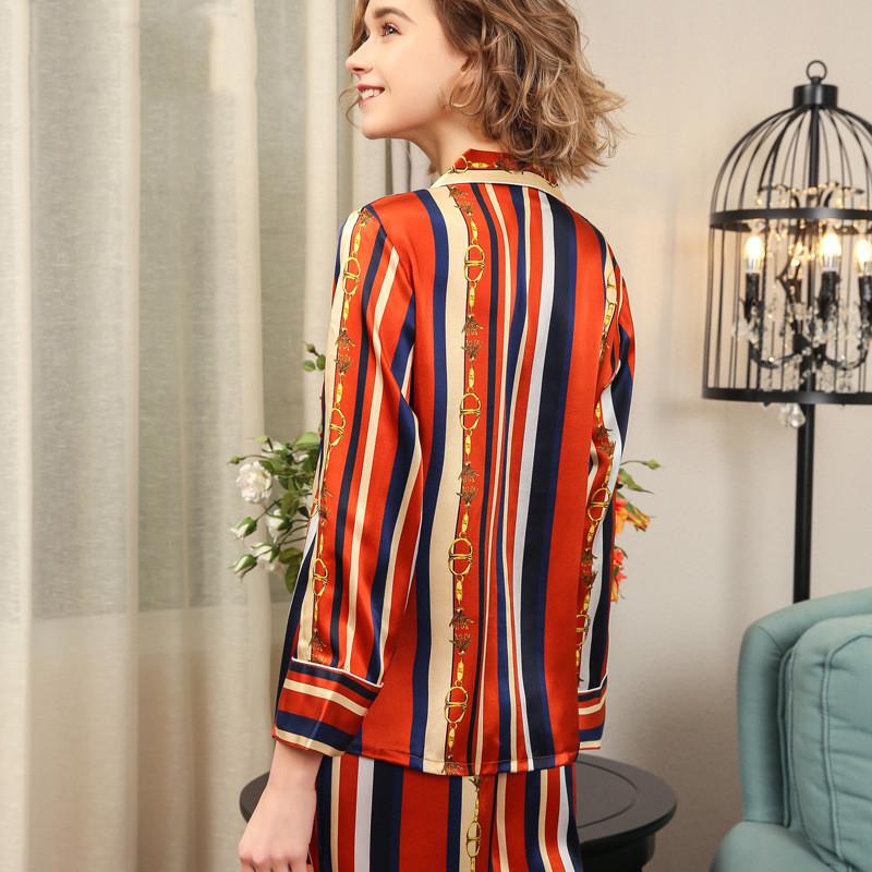 Stripe Luxurious Women Silk Pajamas Set 2Pcs