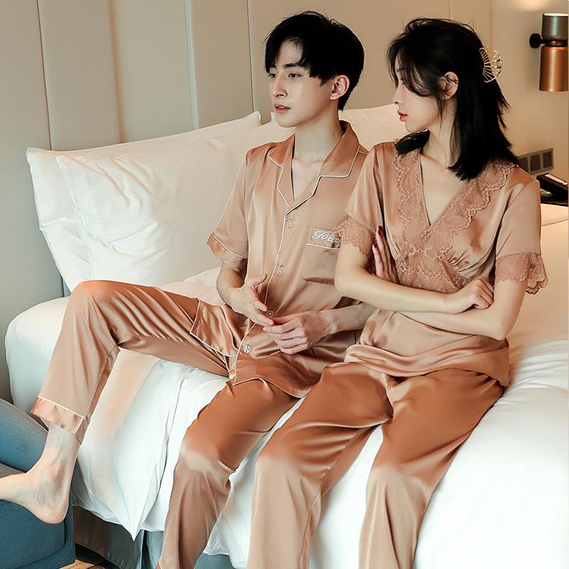 Bow Front Lace Trim Satin Couple Pajama Set
